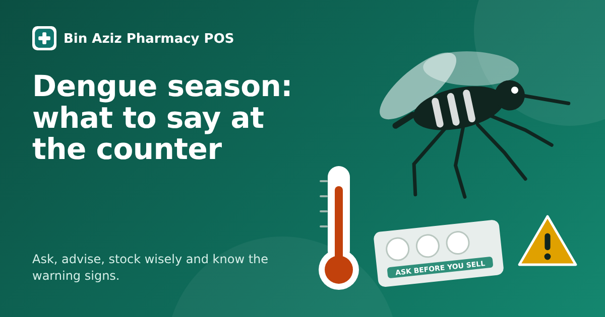 A mosquito next to a thermometer, a tablet strip and a warning sign