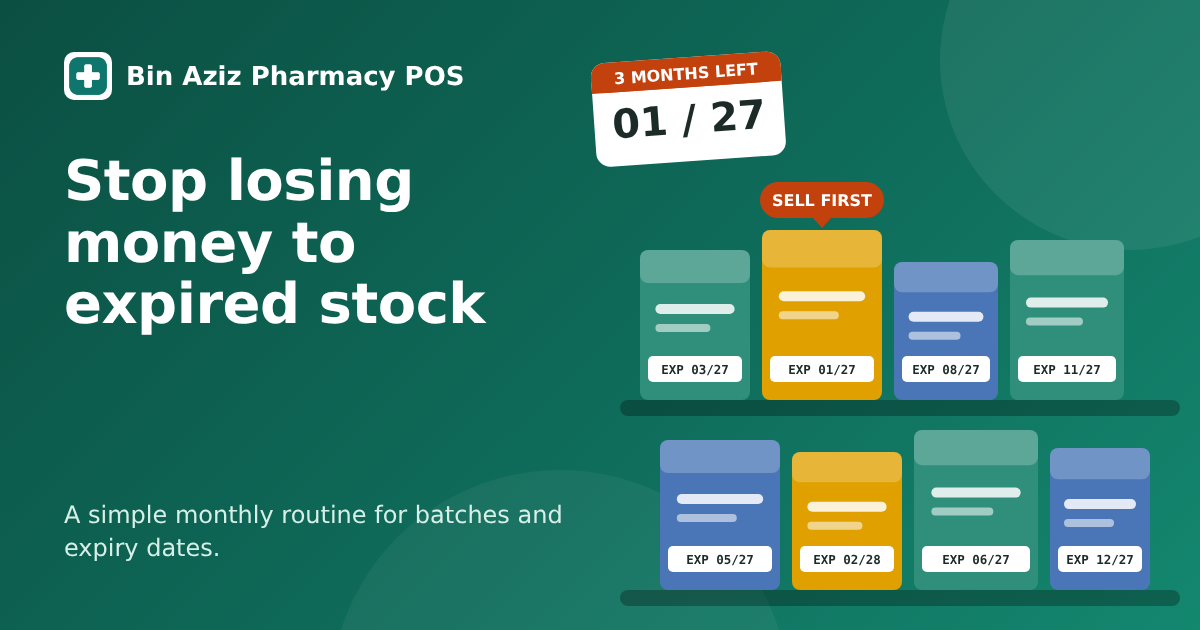 Illustration of medicine boxes on two shelves with expiry dates, and a “Sell first” tag on the box that expires soonest